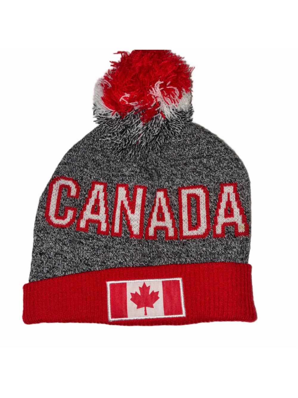 Canada Pom Beanie Hat One Size Grey and Red